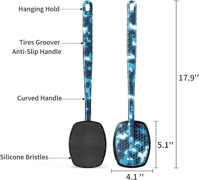 New Camo Blue Silicone Back Scrubber for Shower,Back Shower Brush with Long Handle Back Scrubber for Men and Women