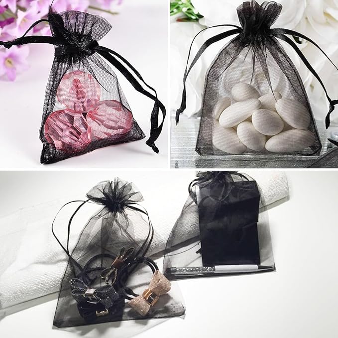 100 Pcs Organza Gift Bags Black Small Jewelry Pouches Wedding Jewelry Bag 2x3 Inch Favour bags Lavender Bag for Wedding Birthday Party Christmas Candy Mesh Bags