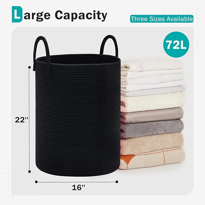 Cotton Rope Laundry Hamper by YOUDENOVA, 72L - Woven Collapsible Laundry Basket - Clothes Storage Basket for Blankets, Laundry Room Organizing, Bedroom Storage, Clothes Hamper – Black