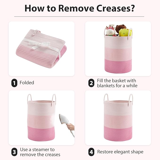 Fiona's magic Cotton Rope Laundry Hamper, Tall Woven Laundry Basket Storage, Baby Nursery Hamper for Blankets, Toys and Clothes Hamper for Bedroom and Living Room Organizing, 58L, Pink