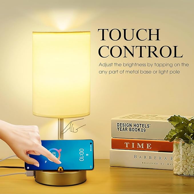 Briever Touch Control Table Lamp for Bedroom, 3-Way Dimmable Nightstand Lamp with USB Charging Ports, Bedside Desk Lamp with Gold Phone Stand & Round Linen Fabric Shade, Bulb Included
