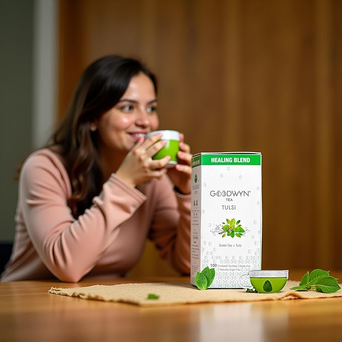 Goodwyn Tulsi, holy basil Tea with Ginger & Lemon | 100 Green Tea Bags | Low Caffeine, Sugar-Free Herbal Daily Tea | Plastic Free Individually Wrapped Tea Bags | Tulsi Tea Sampler Gift Set, Eco-Friendly, Indian Origin chai