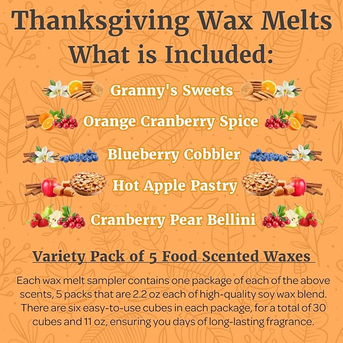 Fall Wax Melts Wax Cubes 5 Pack - Orange Cranberry Blueberry Apple Wax Melts Fall Scents, Soy Blend Fall Scented Wax Melts, Cookie Food Wax Melts (30 Cubes, 11 oz, Thanksgiving Wax Melts Variety Pack)