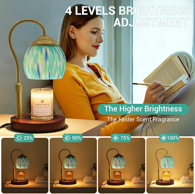 Candle Warmer Lamp with Timer Dimmer - Height Adjustable Wax Melt Warmer for Jar Candles, Blown Art Glass Candle Warming Lamp with 2 Bulbs Birthday Gifts for Mom Women Candle Holders for Home Decor