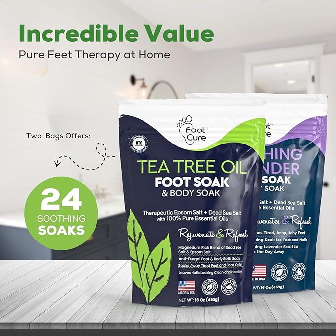 FOOT CURE Tea Tree Oil & Soothing Lavender Foot Soak with Epsom Salt - Best Toenail Treatment & Softens Calluses - Soothes Sore & Tired Feet, Foot Odor Scent, Spa Pedicure - 16 oz (Pack of 2)