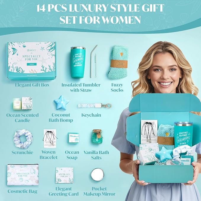 Briney 13Pcs Birthday Gifts for Women, Care Package for Women, Gift Basket, Unique Relaxing Ocean Themed Present for Mom Wife Sister Best Friend, Blue
