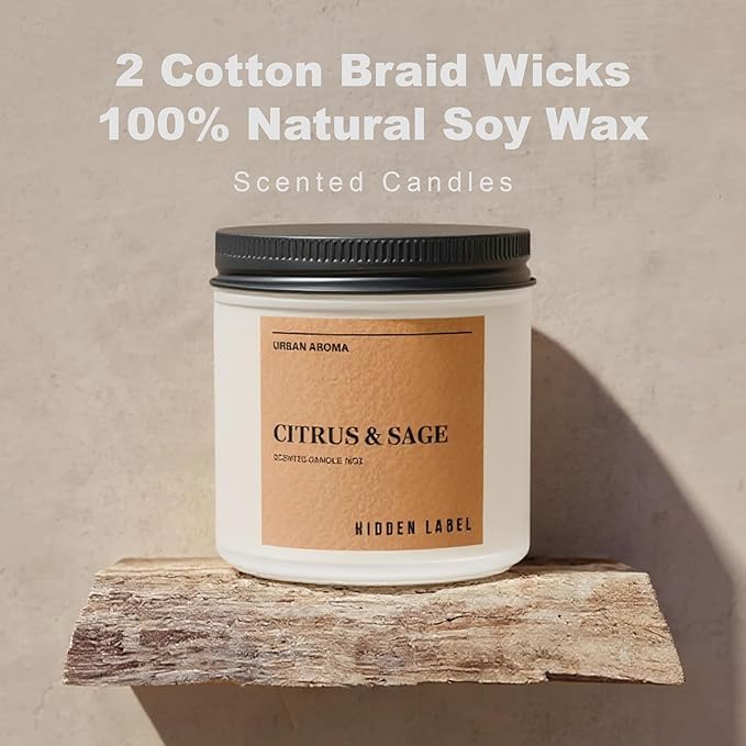 Hidden Label Citrus Sage Scented Candle, 12oz 2 Wick Natural Soy Non Toxic Candles, Clean Burning Long Lasting Aromatherapy for Home | Gifts | Décor,Premium Scents for Relaxation & Stress Relief