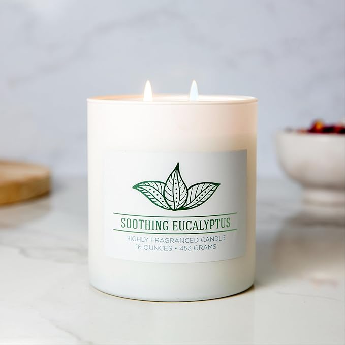 Carolina Soothing Eucalyptus Scented Candle, 16 oz Wellness Relaxing Aromatherapy Candle, 2 Wick White Jar Soy Blend Wax, Candles for Home, 60H Burn - Made in The USA