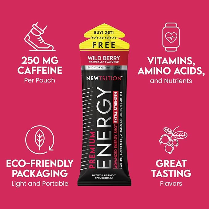 NewTrition® Extra Strength Energy Shots, 250mg Caffeine Energy Shots with Vitamin B & Amino Acids, Sugar-Free Vitamin Energy Shot, 1.7 fl oz (Pack of 24, Wild Berry)