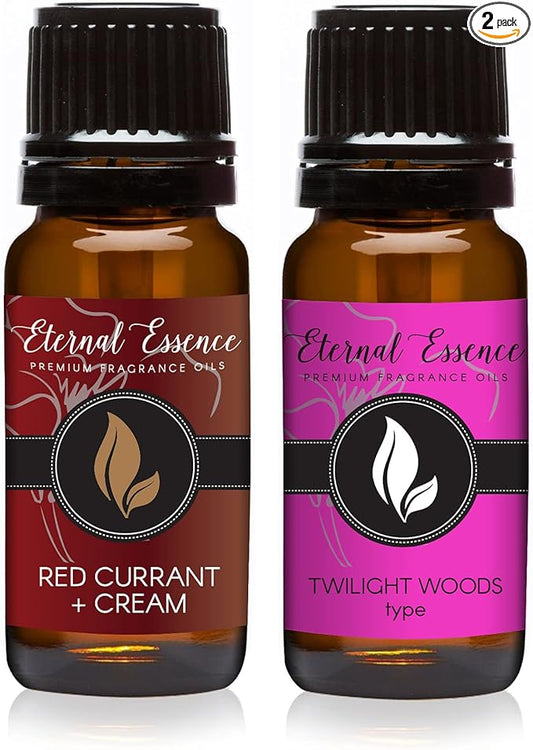 Eternal Essence Oils 2 Pack 10ml Premium Fragrance Oil - Red Currant & Cream & Twilight Woods - for Candle, Soap Making, Aromatherapy, Diffusers, Home Care, & Humidifiers
