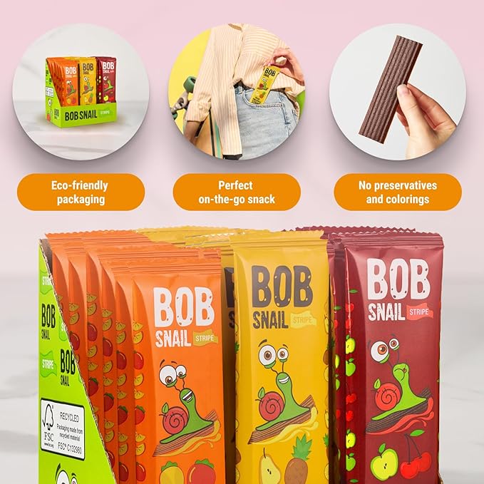 BOB SNAIL Healthy Organic Fruit Snacks for Kids and Adults – 30 Organic Fruit Leather Snacks with Persimmon, Pear-Pineapple,Cherry – Vegan Low-Carb Variety Pack Strips for Kids – Sugar Free Jerky Bars
