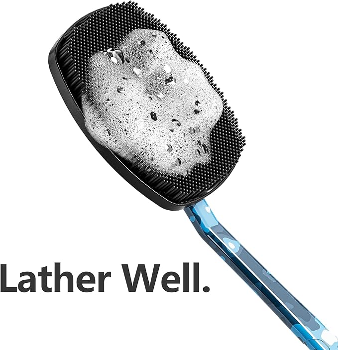 New Camo Blue Silicone Back Scrubber for Shower,Back Shower Brush with Long Handle Back Scrubber for Men and Women