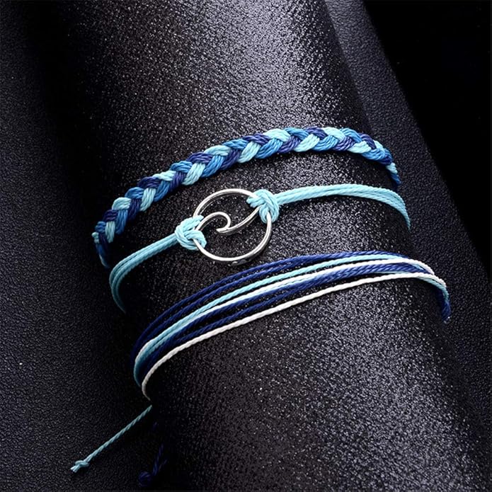 kelistom Handmade Braided Wax Rope Adjustable Strand Wrap Bracelet Set Waterproof Wave Shell Charm Stretch Knot String Thread Bracelets Friendship Jewelry