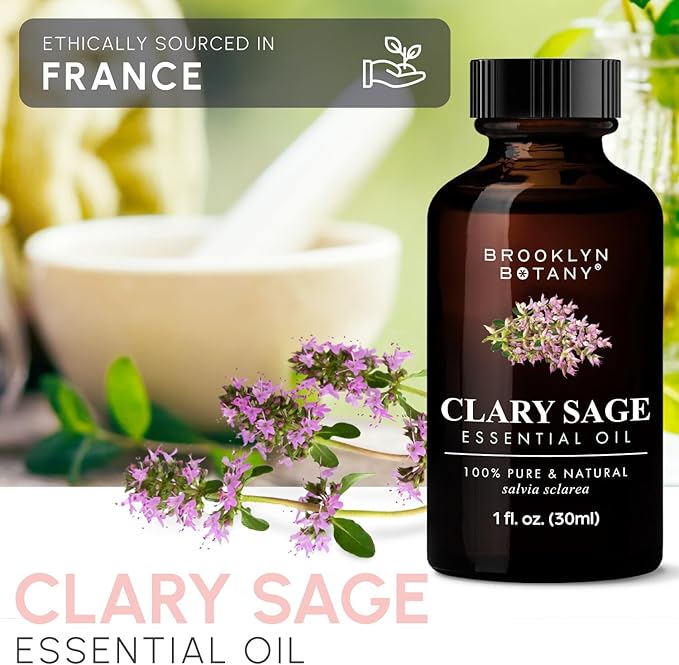 Brooklyn Botany Clary Sage Essential Oil - 100% Pure and Natural - Premium Grade Oil with Dropper - for Aromatherapy and Diffuser - 1 Fl Oz
