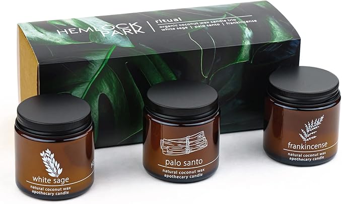 Hemlock Park Apothecary Wood Wick Candle Trio | Gift Set of Three 4 oz Candles Handcrafted with Natural Coconut Wax (Ritual | Sage, Palo Santo, Frankincense)