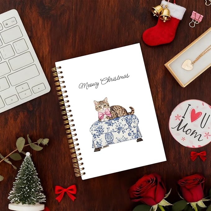 Exqcom Chinoiserie Christmas Tabby Cat Spiral Notebook Gifts, Pink Bow Blue and White Toile Tabby Cat Journal for Women, Merry Christmas Hardcover Notebook Journal Office School Supplies, 5.5x8.3 Inch