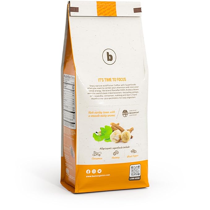 Focus Coffee with Superfoods - Organic Probiotic Mushroom Ground Bagged Coffee, Supports Healthy Focus & Digestion, Infused with Ashwagandha, Lion's Mane, and Cinnamon, USDA Certified Organic 10 oz