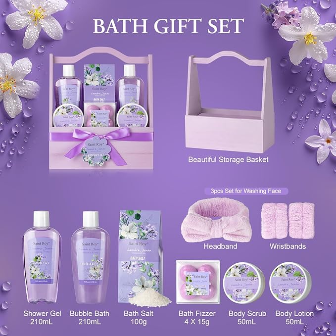 13Pcs Bath and Body Gift Basket Set, Christmas Gifts for Women, Lavender Jasmine Spa Gift Basket for Mother Gift, Bath Gift Set for Mom, Spa Gift Basket, Spa gift baskets, Birthday Gifts for Girls