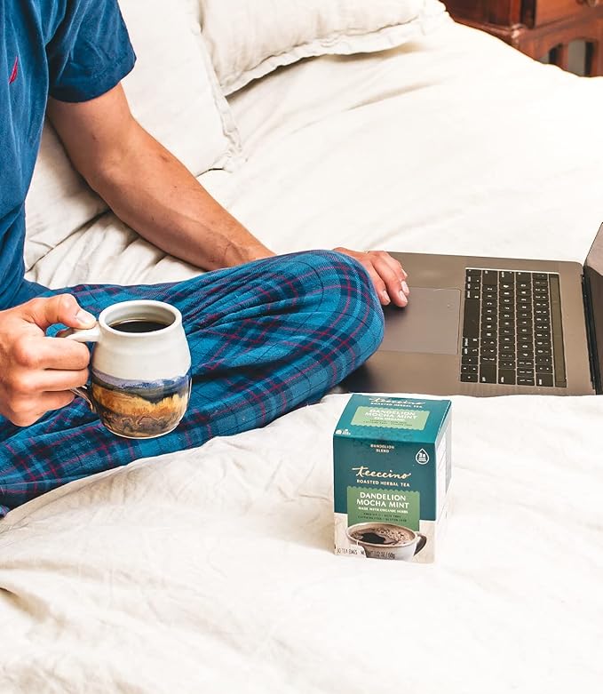 Teeccino Dandelion Mocha Mint Tea - Caffeine Free, Roasted Herbal Tea with Prebiotics, 3x More Herbs than Regular Tea Bags, Gluten Free - 10 Tea Bags