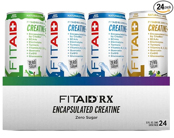 FITAID RX Zero Sugar, Encapsulated Creatine, Workout Recovery Drink, All-In-One Blend, BCAAs, Glucosamine, Turmeric, B-Complex, Electrolytes, Variety Pack, 12 Fl Oz (Pack of 24)