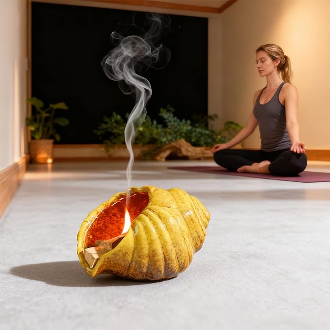 Yellow Ceramic Conch Palo Santo Holder - Mini Chimney Incense Burner, Tabletop Smudge Bowl Compatible with Sage/Sticks/Cones/Copal,for Yoga、Zen Meditation、Witchcraft, Ideal Altar Decor Gift