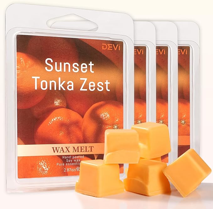 DEVI Scented Wax Melts, Natural Soy Wax Cubes Strong Scent -Citrus & Tonka Bean - Long Lasting Scented Melts for Warmer, 4 Pack(24-Cubes)