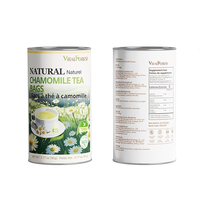 60 Chamomile Tea Bags, VitalForest Chamomile Flowers Tea, Natural Pure Camomile Tea, Caffeine Free Camomille Herbal, Help Reduce Stress And Sleep Better, Non-GMO
