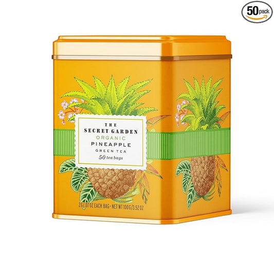 Life Plus Style Gourmet The Secret Garden Organic Pineapple Green Tea Premium Naturally Caffeinated Tropical Fruit Daily USDA Certified Green Tea Non GMO Herbal 50 Tea Bags Gift Tin Enjoy Hot or Iced