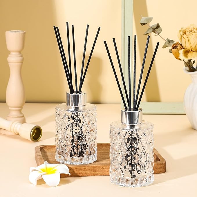 Norme 4 Set Empty Reed Diffuser Bottle Set with Stick, 150ml Refillable Patterned Glass Vase with Black Rattan Reed & Cap for DIY Essential Oil, Home Fragrance, Bulk (Silver)