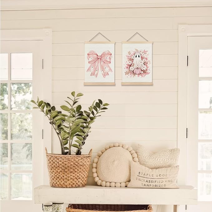 Exqcom Coquette Pink Bow Floral Halloween Ghost Wall Decor Set of 2, Preppy Pink Fall Pumpkin Floral Wall Art Poster, Halloween Ghost Posters for Girly Room Bedroom Dorm Apartment Home, 12x16 Inches