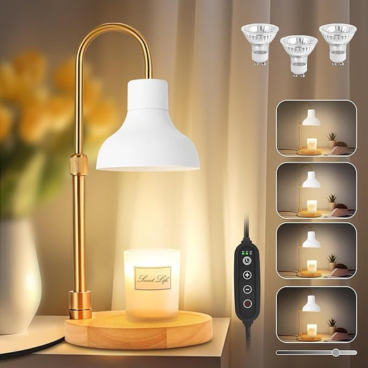 Candle Warmer Lamp with Timer & 3 Bulbs, Dimmable Electric Candlelight Adjustable Height and Brightness Candle Wax Warmer for Jar Candles Bedroom Home Decor House Warming Gift for Women (White)