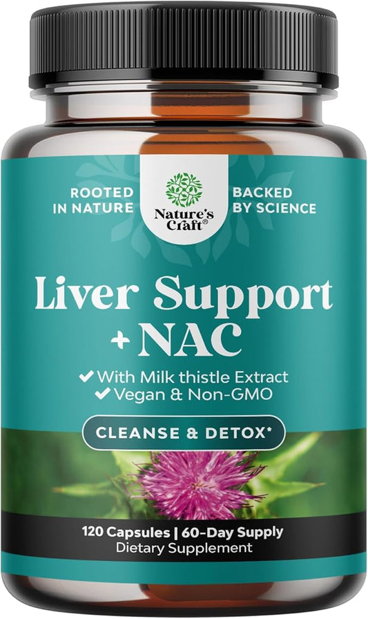 Liver Support NAC Supplement with Milk Thistle for Liver Cleanse Detox & Repair - N Acetyl Cysteine Supplement Liver Cleanse with Antioxidants, Turmeric, Choline, Dandelion & L-Glutathione - 120 Caps