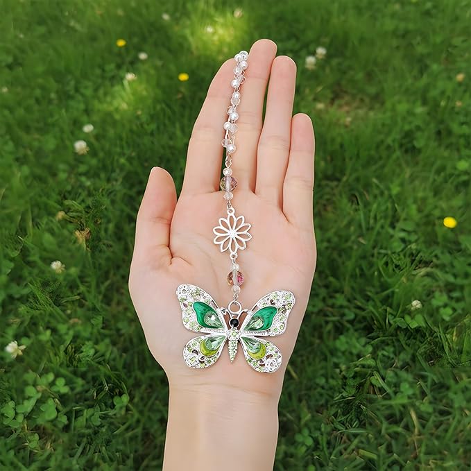 Green Crystal Butterfly Car Charm - Rear View Mirror Hanging Ornament, Sun Catcher Window Pendant for Car Interior Decoration, Christmas Birthday Gifts for Mom Aunt Women