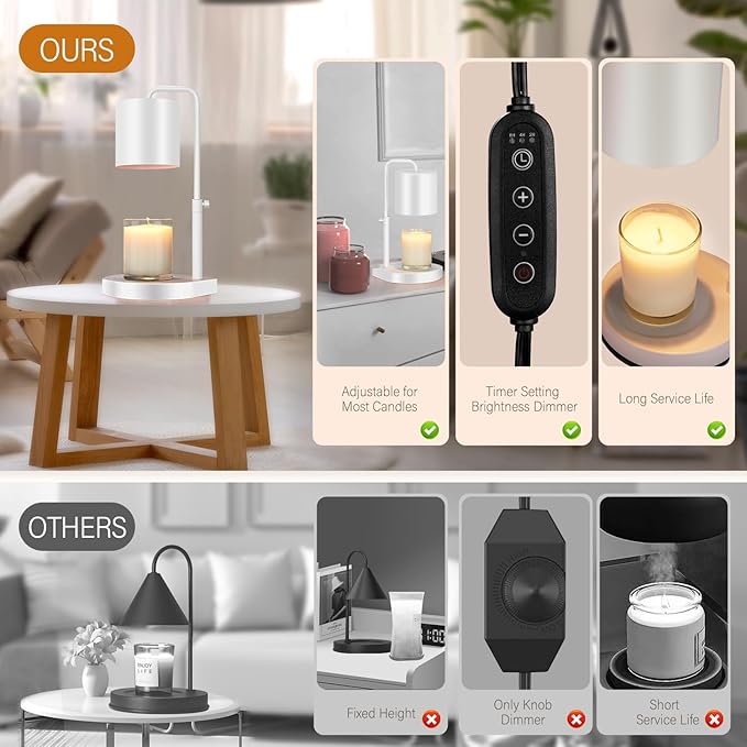 Candle Warmer Lamp 2 Pack Adjustable Height Dimmable Candle Lamp Warmer with Timer Compatible with Large Jar Candles No Flame Scented Candle Warmer with 2 Bulbs Mothers Day Gift -White