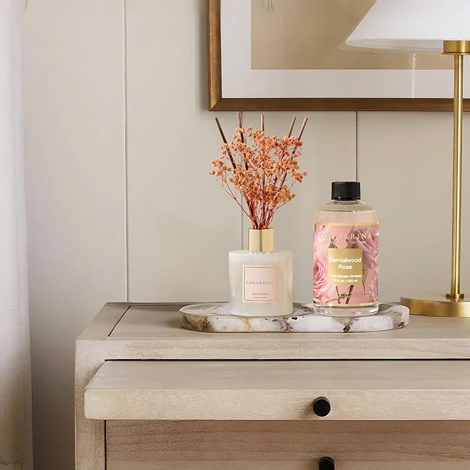 Cocorrína Reed Diffuser Refill Sandalwood Rose 17oz (500ml) with 8 Sticks - Premium Long-Lasting Floral Essential Oil, Home Fragrance for Bedroom, Bathroom Home Decor