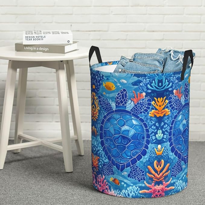 Laundry Basket Turtles Collapsible Large Capacity,63L Dirty clothes basket Durable Lightweight Hamper With Handles Ideal For Clothes,Toys Home Organization size19.6"L x 15.7"W