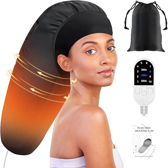 Heated Cap for Deep Conditioning: Upgraded Extra Large 10-Level Fast Heating 3 Time Settings Hair Steamer Cap for Natural Black Hair Portable Thermal Steam Cap for Home Hair Treatment - Black
