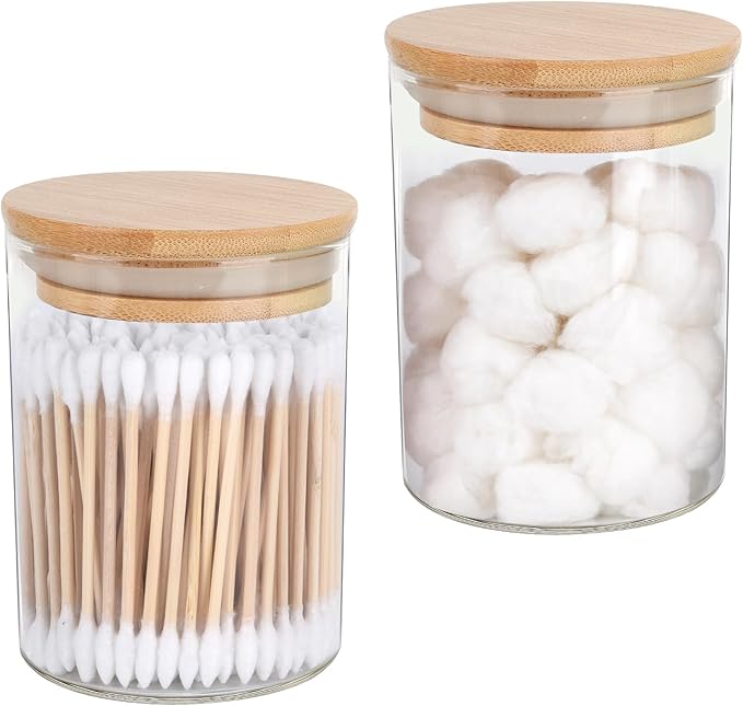 2 Pack Glass Qtip Holder Dispenser Set - Apothecary Jars with Lids for Vanity Makeup Organizer - Bathroom Canister Storage Organizer for Cotton Ball, Swab, Round Pads,Floss