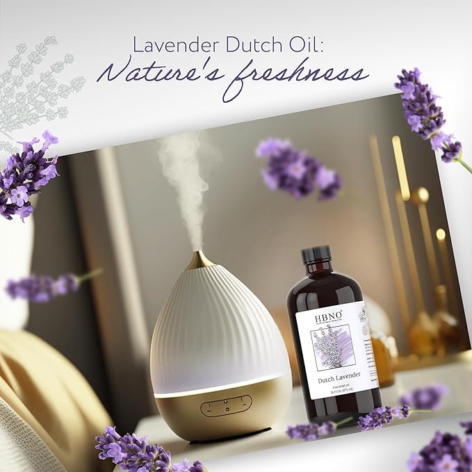 HBNO Lavender Dutch Oil - 16 oz (475ml) Large Size - Ideal for Shampoos, Conditioners, Mouth Washes, Face wash, Lotions, and Skin Care Products (Glass Bottle).