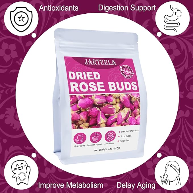 Jarteela - Premium Dried Rose Buds - 5oz/142g - Natural Food-grade Red Rosebud Flowers Bulk - Non-GMO - Caffeine-free - Perfect For Tea, Baking, DIY Candle/Soap (Pack of 2)