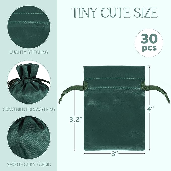 Green Small Satin Gift Bags, 30Pcs 3x4 with Drawstring, For Kids Classroom, Wedding, Birthday, or Halloween Party Favors, Jewelry, Bracelets, Earrings, Crystal, for Small Business