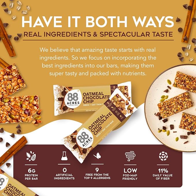 88 Acres Granola Bars | Oatmeal Chocolate Chip | Gluten Free, Nut-Free Oat and Seed Granola Bar | Vegan & Always Non GMO | 12 Pack