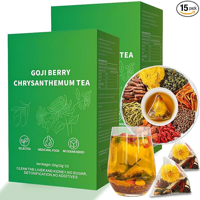 Goji Berry Chrysanthemum Tea for Liver Health, 8 Excellent Raw Material Formulas, Chinese Health Herbal Tea, Liver Cleanse & Detox Herbal Tea Bags, 15Bag, Vegan, Sugar-Free & Caffeine-Free (2Box(30Bags))