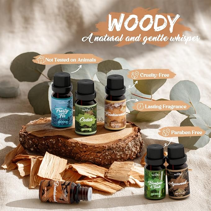 Woody Essential Oil Set, 6 Pure Wood Scents - Frankincense, Cedar, Sandalwood, Agarwood, Frosty Fir, Bamboo & Teak Essential Oils for Diffusers, Humidifiers, Cleaning, DIY Soaps & Candles