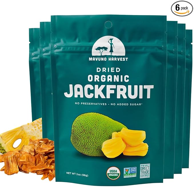 Mavuno Harvest Jackfruit Dried Fruit Snacks | Unsweetened Organic Dried Jackfruit Chips | Gluten Free Healthy Snacks for Kids and Adults | Vegan, Non GMO, Direct Trade | 2 Ounce, Pack of 6