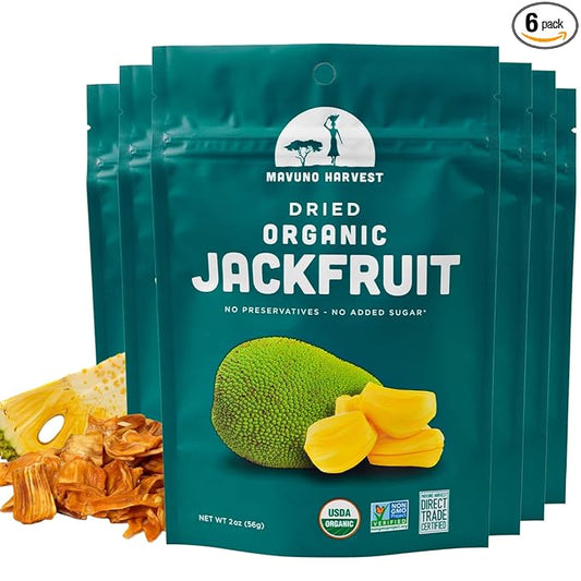 Mavuno Harvest Jackfruit Dried Fruit Snacks | Unsweetened Organic Dried Jackfruit Chips | Gluten Free Healthy Snacks for Kids and Adults | Vegan, Non GMO, Direct Trade | 2 Ounce, Pack of 6