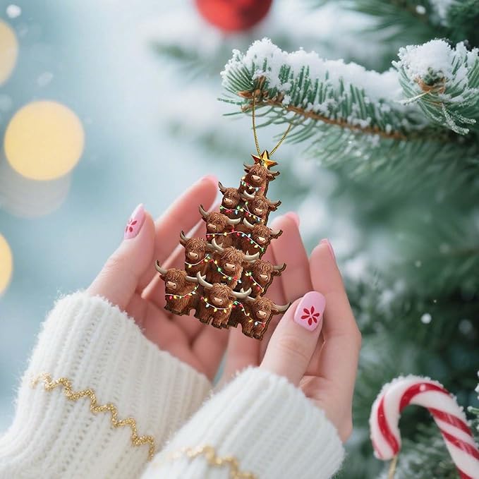 Highland Cow Christmas Tree Wooden Ornament – Cute Farm Animal Holiday Decor for Tree, Gifts for Cow Lovers, Rustic Wooden Christmas Decoration