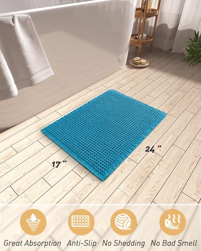 AMOAMI Upgraded Waffle Bath Mat, Super Absorbent Non Slip Bath Mats for Bathroom Floor, Machine Washable Bathroom Rugs with Tassels, Rubber Backed Bathroom Mats, Ultra Soft, 17" x 24", Teal