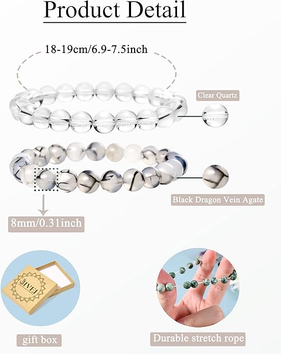 Bivei Natural Gemstone Semi Precious Healing Crystals Handmade Stretchy Round Beads Bracelet, Enhance Positive Energy