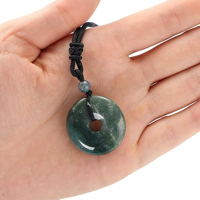 Jovivi 30mm Circle Donut Healing Crystals Necklace Natural Semi-Precious Chakra Gemstone Stone Amulet Lucky Coin Donuts Charm Protection Quartz Reiki Pendant Necklace for Men Women Adjustable Rope